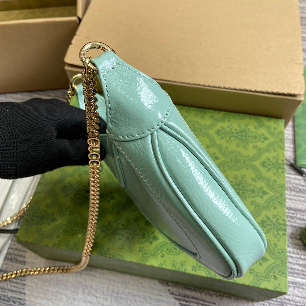 GUCCI JACKIE NOTTE MINI BAG 19 IN MINT GREEN CRACKED LACQUER CALFSKIN GOLD HARDWARE