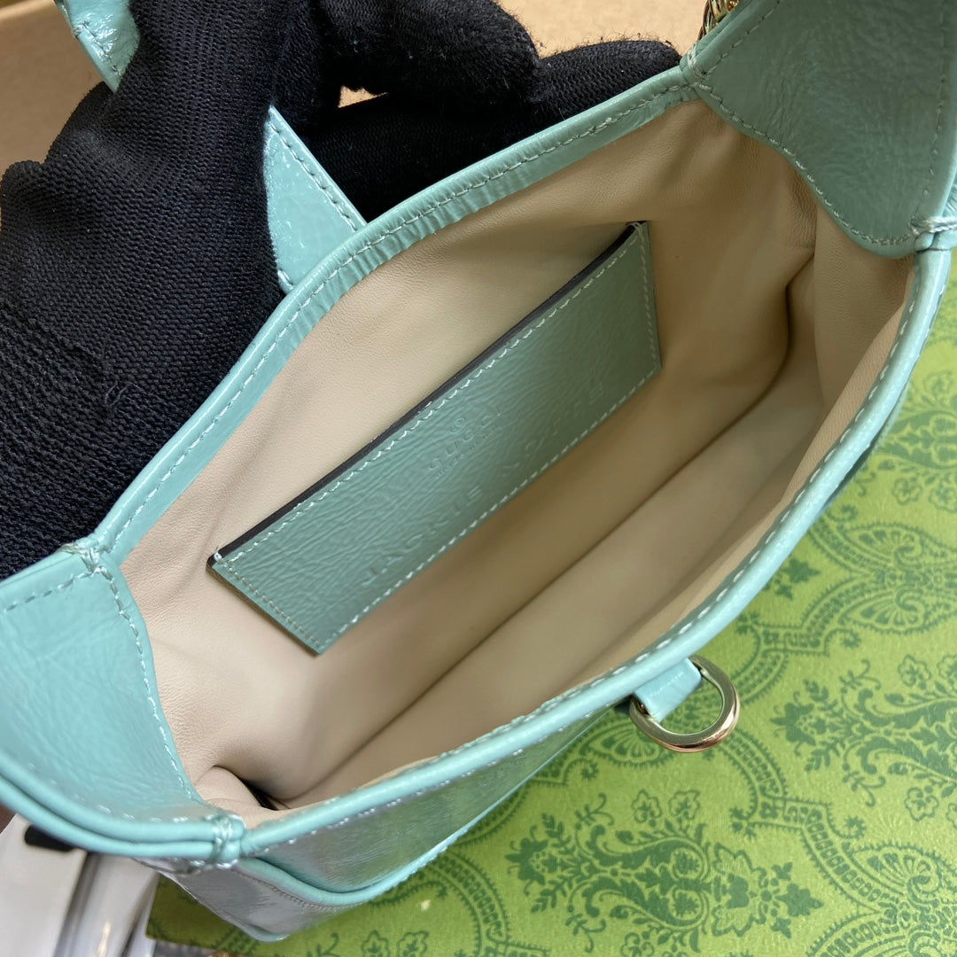 GUCCI JACKIE NOTTE MINI BAG 19 IN MINT GREEN CRACKED LACQUER CALFSKIN GOLD HARDWARE