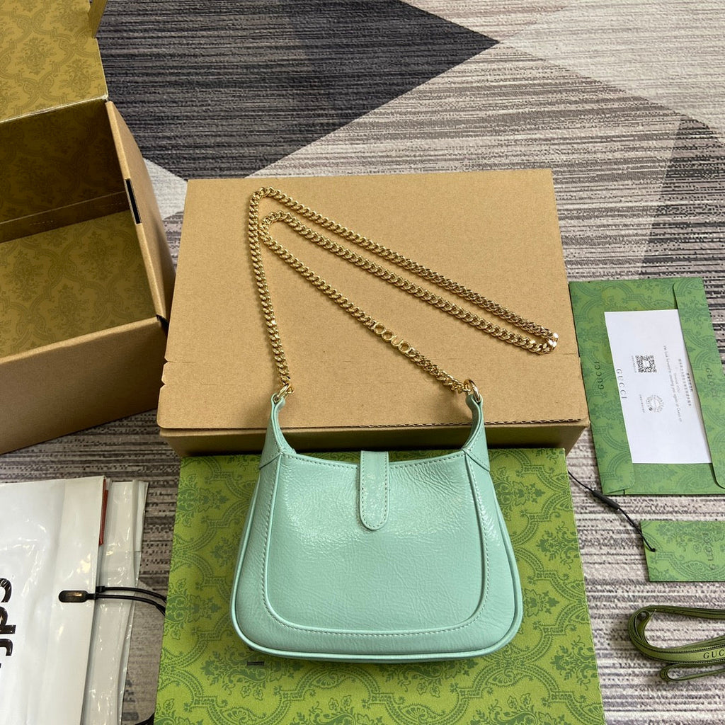 GUCCI JACKIE NOTTE MINI BAG 19 IN MINT GREEN CRACKED LACQUER CALFSKIN GOLD HARDWARE