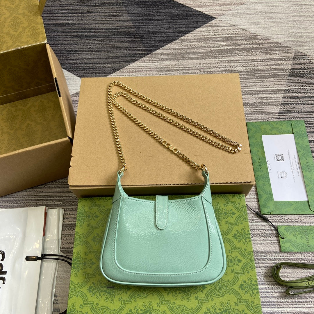 GUCCI JACKIE NOTTE MINI BAG 19 IN MINT GREEN CRACKED LACQUER CALFSKIN GOLD HARDWARE