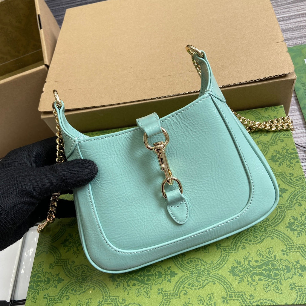 GUCCI JACKIE NOTTE MINI BAG 19 IN MINT GREEN CRACKED LACQUER CALFSKIN GOLD HARDWARE
