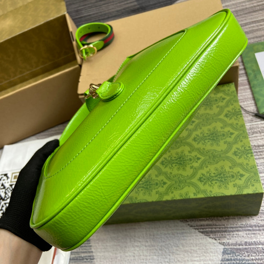 GUCCI JACKIE SMALL SHOULDER BAG 27 IN LIME GREEN CRACKED LACQUER CALFSKIN GOLD HARDWARE