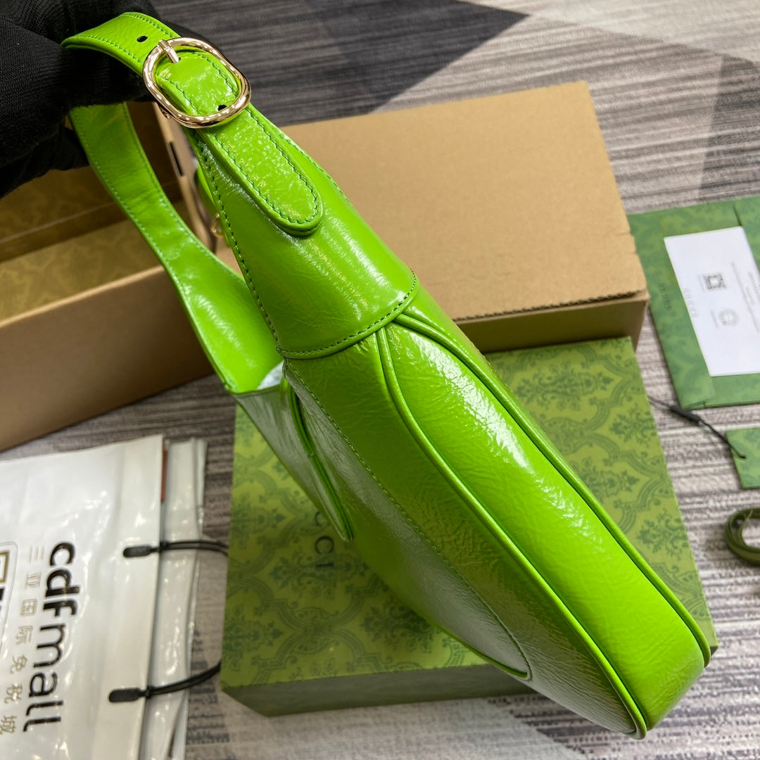 GUCCI JACKIE SMALL SHOULDER BAG 27 IN LIME GREEN CRACKED LACQUER CALFSKIN GOLD HARDWARE