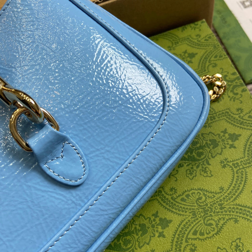 GUCCI JACKIE NOTTE MINI BAG 19 IN OCEAN BLUE CRACKED LACQUER CALFSKIN GOLD HARDWARE