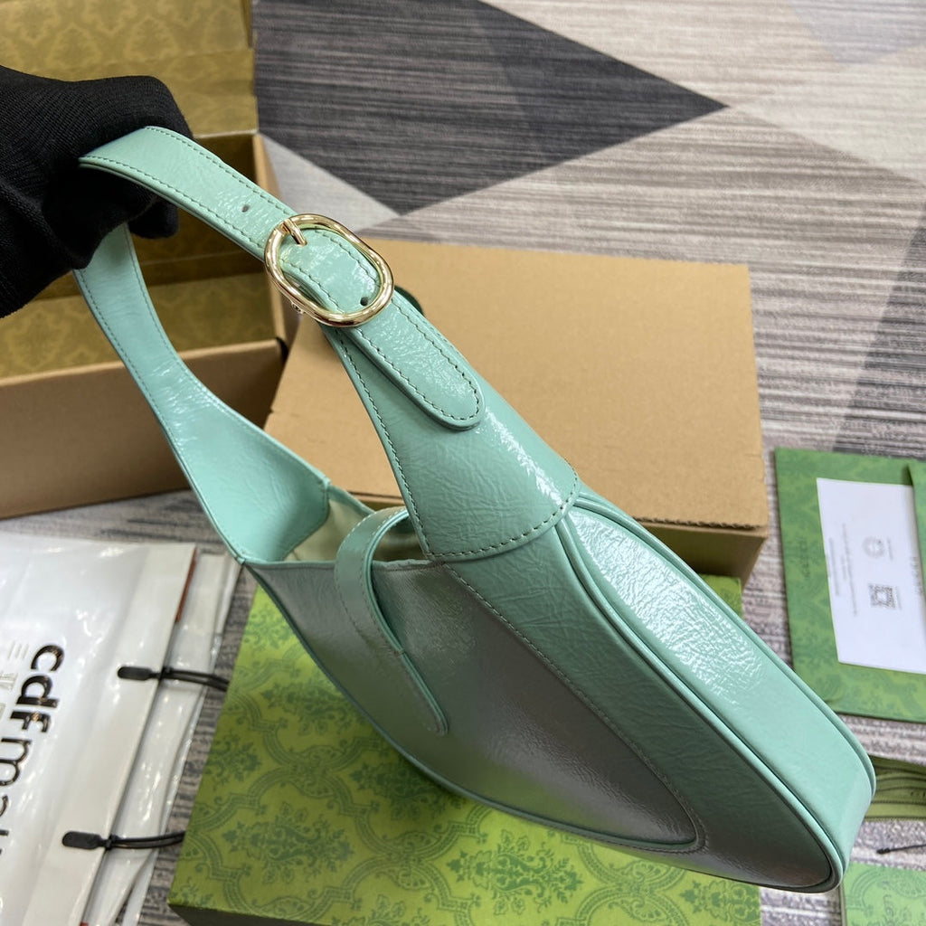 GUCCI JACKIE SMALL SHOULDER BAG 27 IN MINT GREEN CRACKED LACQUER CALFSKIN GOLD HARDWARE