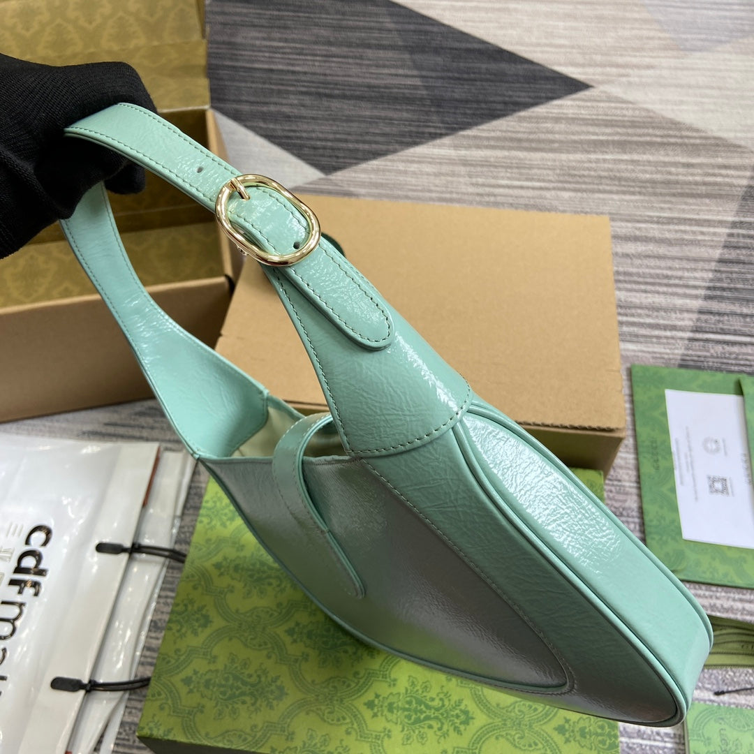GUCCI JACKIE SMALL SHOULDER BAG 27 IN MINT GREEN CRACKED LACQUER CALFSKIN GOLD HARDWARE