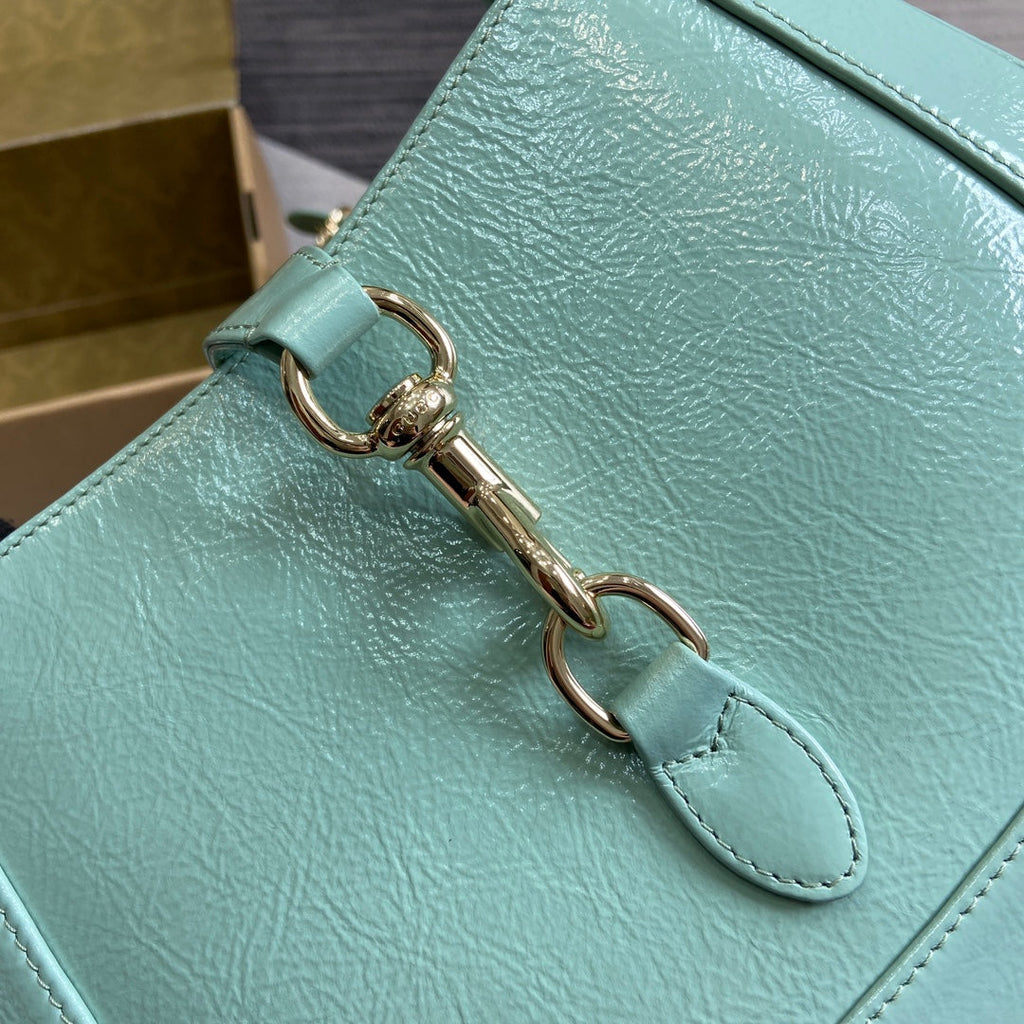 GUCCI JACKIE SMALL SHOULDER BAG 27 IN MINT GREEN CRACKED LACQUER CALFSKIN GOLD HARDWARE