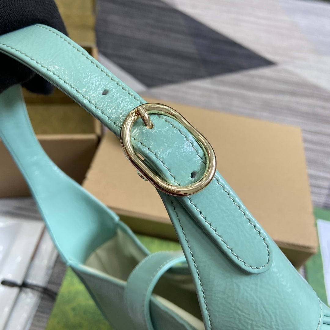 GUCCI JACKIE SMALL SHOULDER BAG 27 IN MINT GREEN CRACKED LACQUER CALFSKIN GOLD HARDWARE