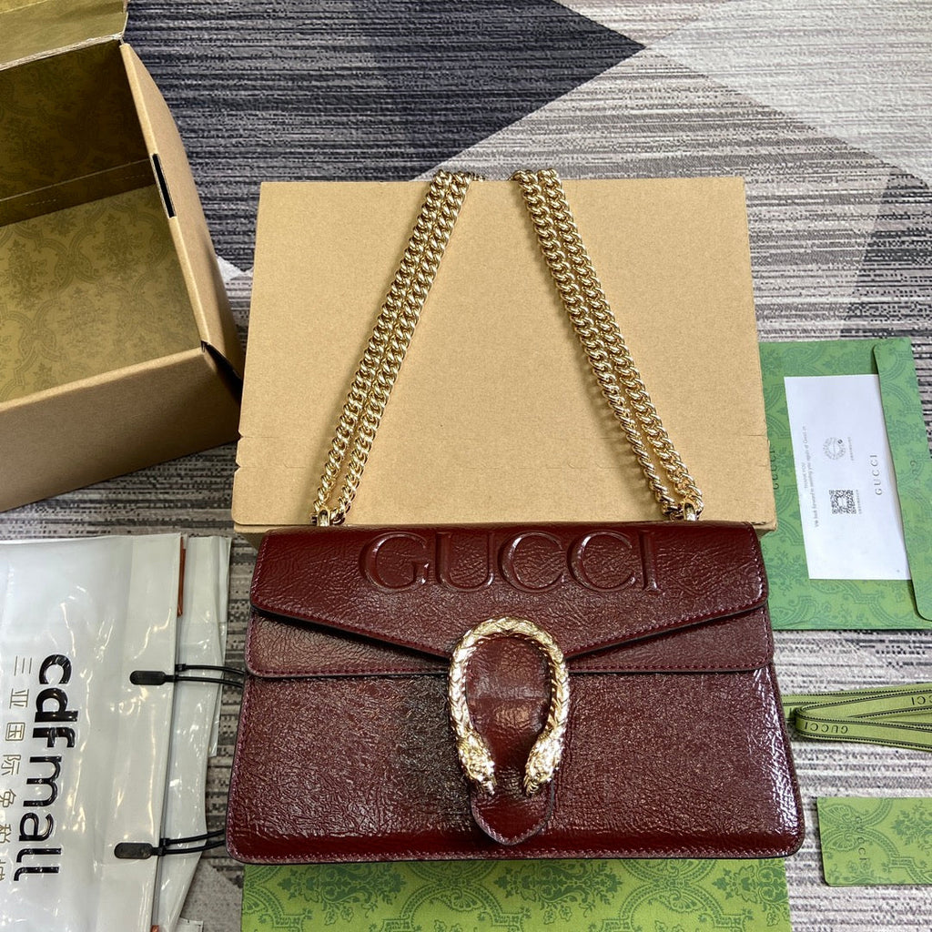 GUCCI DYONYSUS SMALL SHOULDER BAG 28 IN WINE RED LACQUER EMBOSSED CALFSKIN SILVER HARDWARE