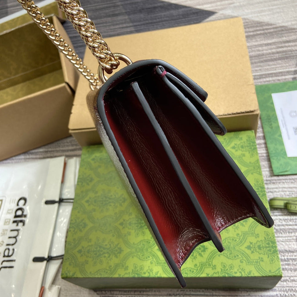 GUCCI DYONYSUS SMALL SHOULDER BAG 28 IN WINE RED LACQUER EMBOSSED CALFSKIN SILVER HARDWARE