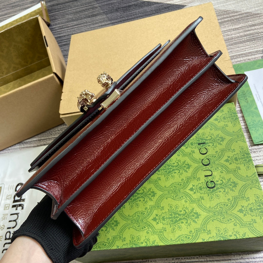 GUCCI DYONYSUS SMALL SHOULDER BAG 28 IN WINE RED LACQUER EMBOSSED CALFSKIN SILVER HARDWARE