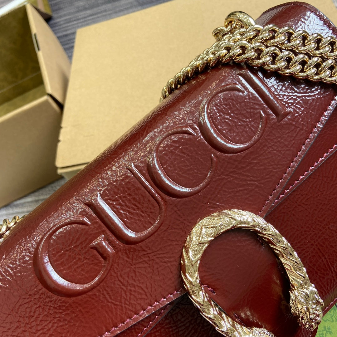 GUCCI DYONYSUS SMALL SHOULDER BAG 28 IN WINE RED LACQUER EMBOSSED CALFSKIN SILVER HARDWARE