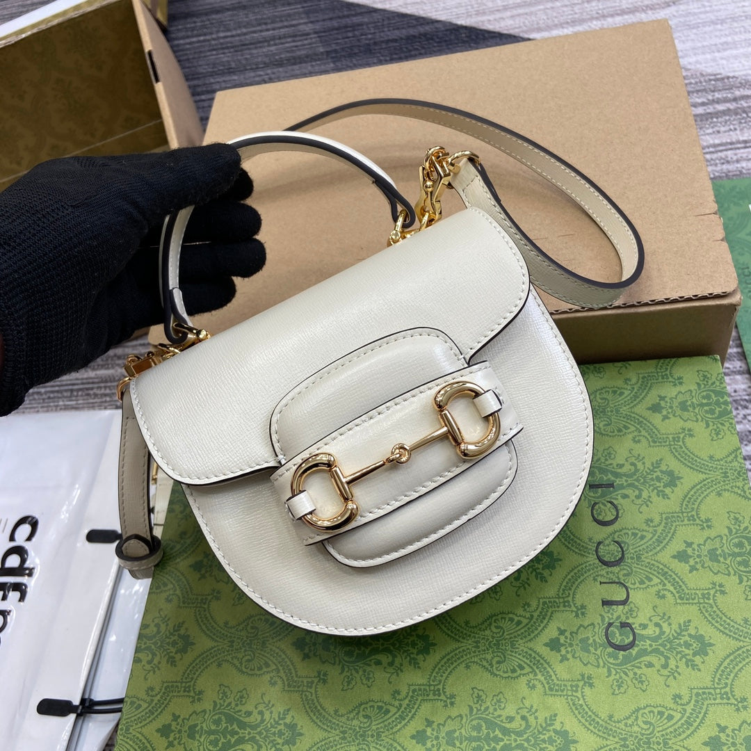 GUCCI HORSEBIT 1955 MINI TOP HANDLE BAG 18 IN WHITE CALFSKIN GOLD HARDWARE