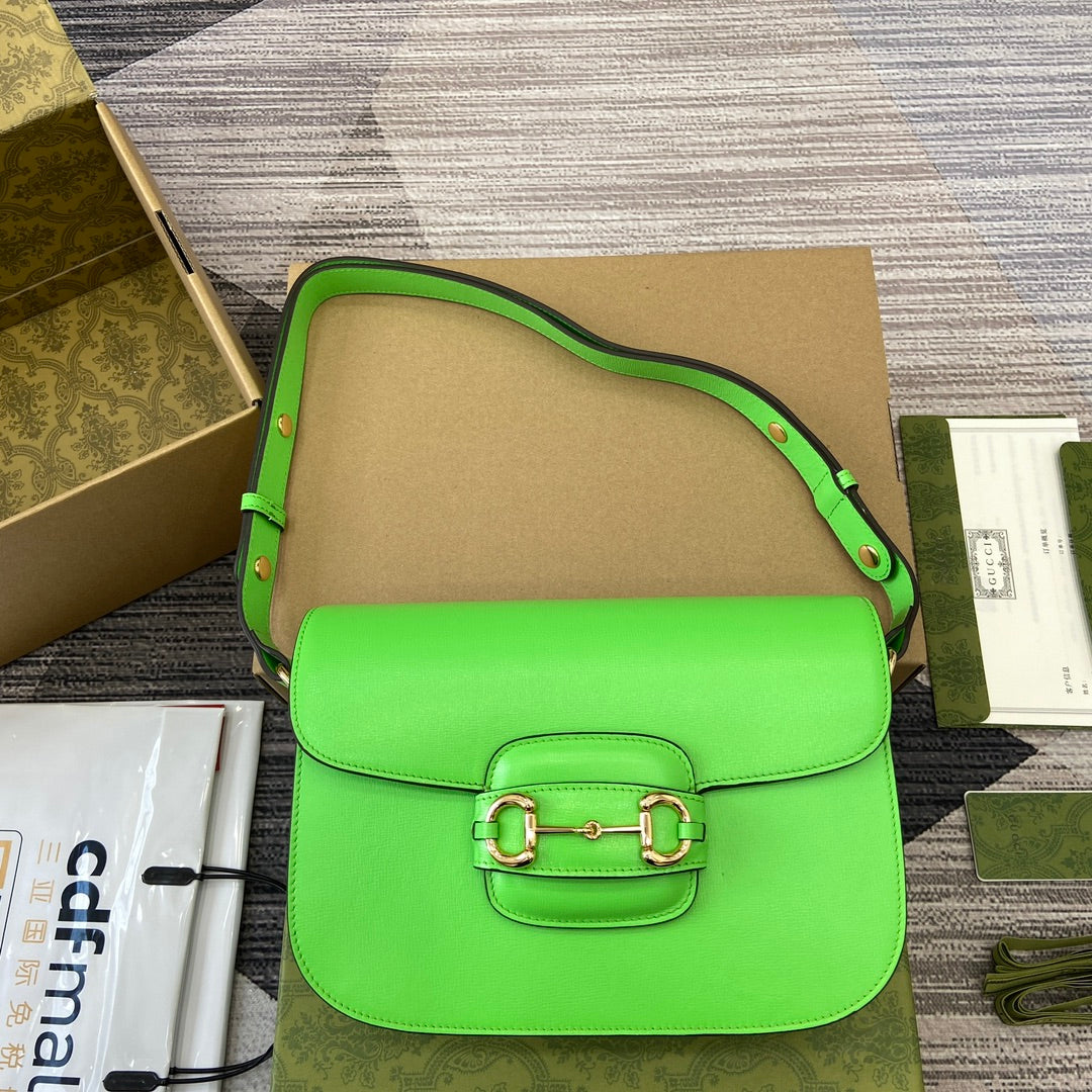 GUCCI HORSEBIT 1955 SHOULDER BAG 25 IN THYME GREEN LAMBSKIN GOLD HARDWARE