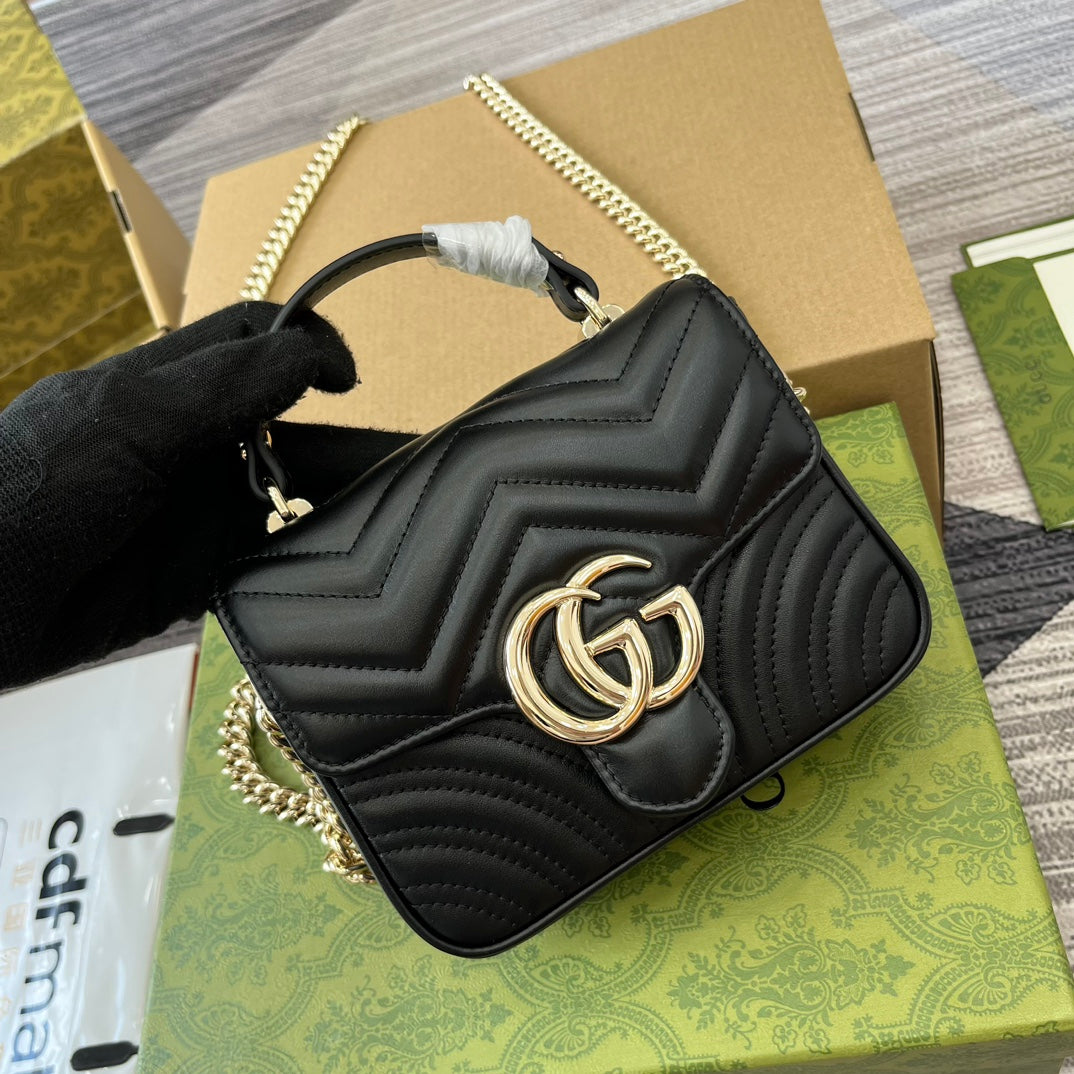 GUCCI MARMONT 13 MINI TOP HANDLE BAG BLACK CALFSKIN