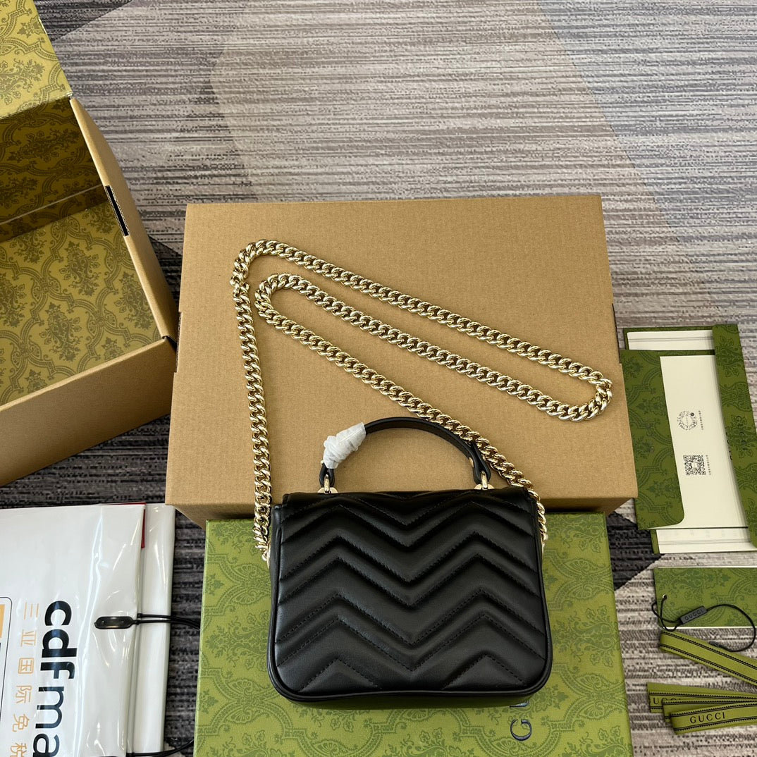 GUCCI MARMONT 13 MINI TOP HANDLE BAG BLACK CALFSKIN