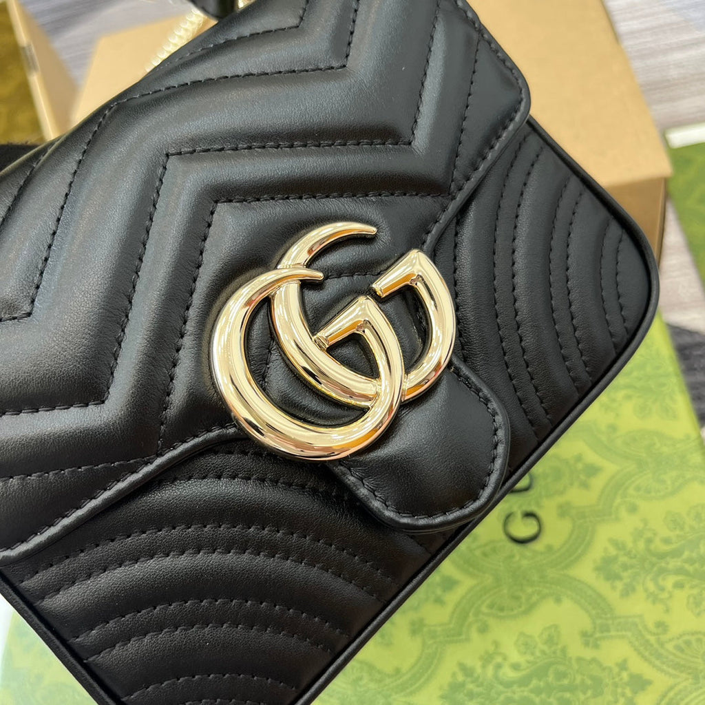 GUCCI MARMONT 13 MINI TOP HANDLE BAG BLACK CALFSKIN