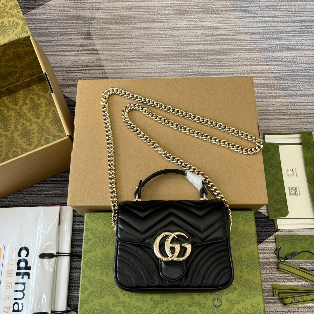 GUCCI MARMONT 13 MINI TOP HANDLE BAG BLACK CALFSKIN