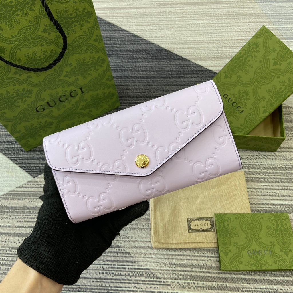 GUCCI CONTINENTAL WALLET 19 IN LIGHT VIOLET EMBOSSED CALFSKIN GOLD HARDWARE