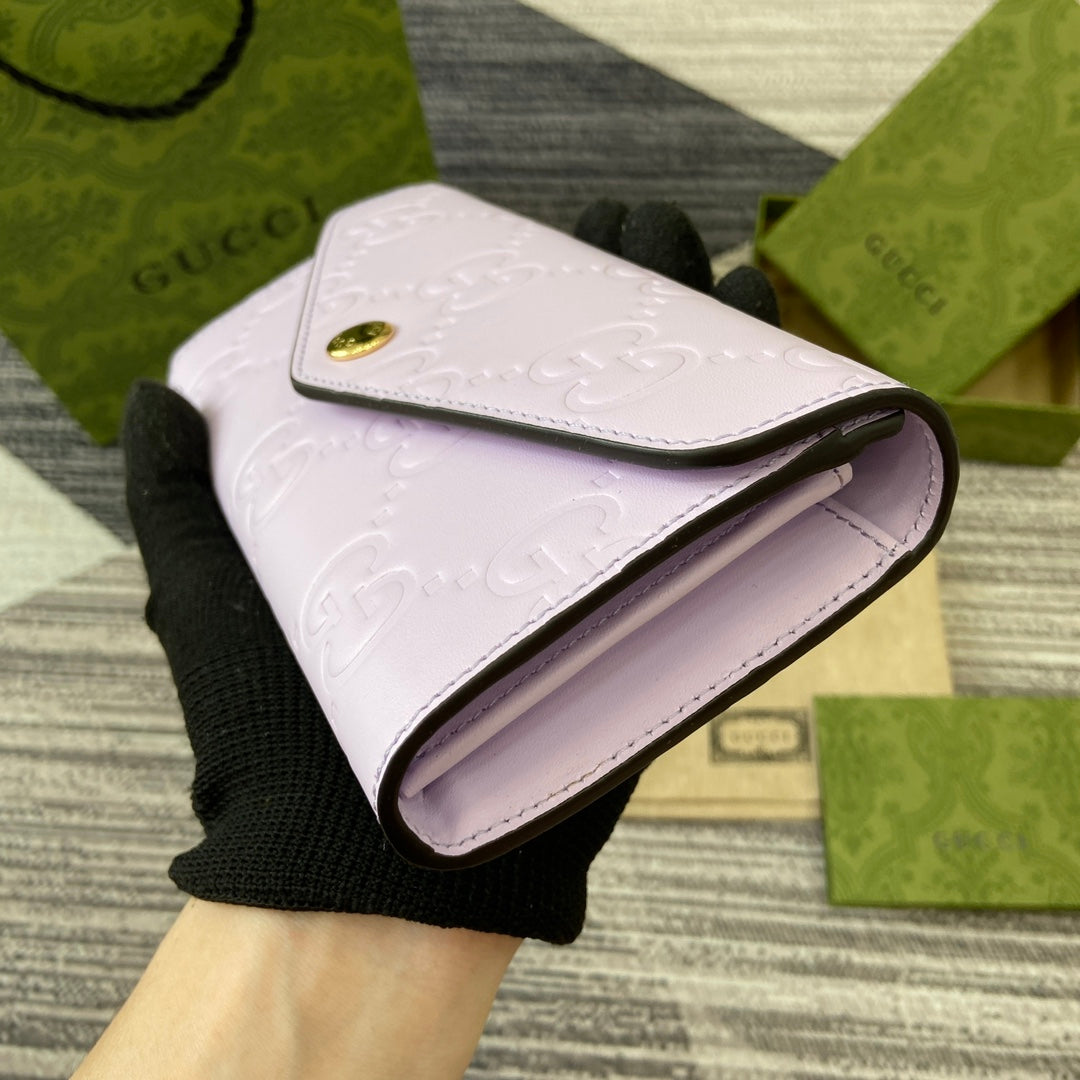 GUCCI CONTINENTAL WALLET 19 IN LIGHT VIOLET EMBOSSED CALFSKIN GOLD HARDWARE