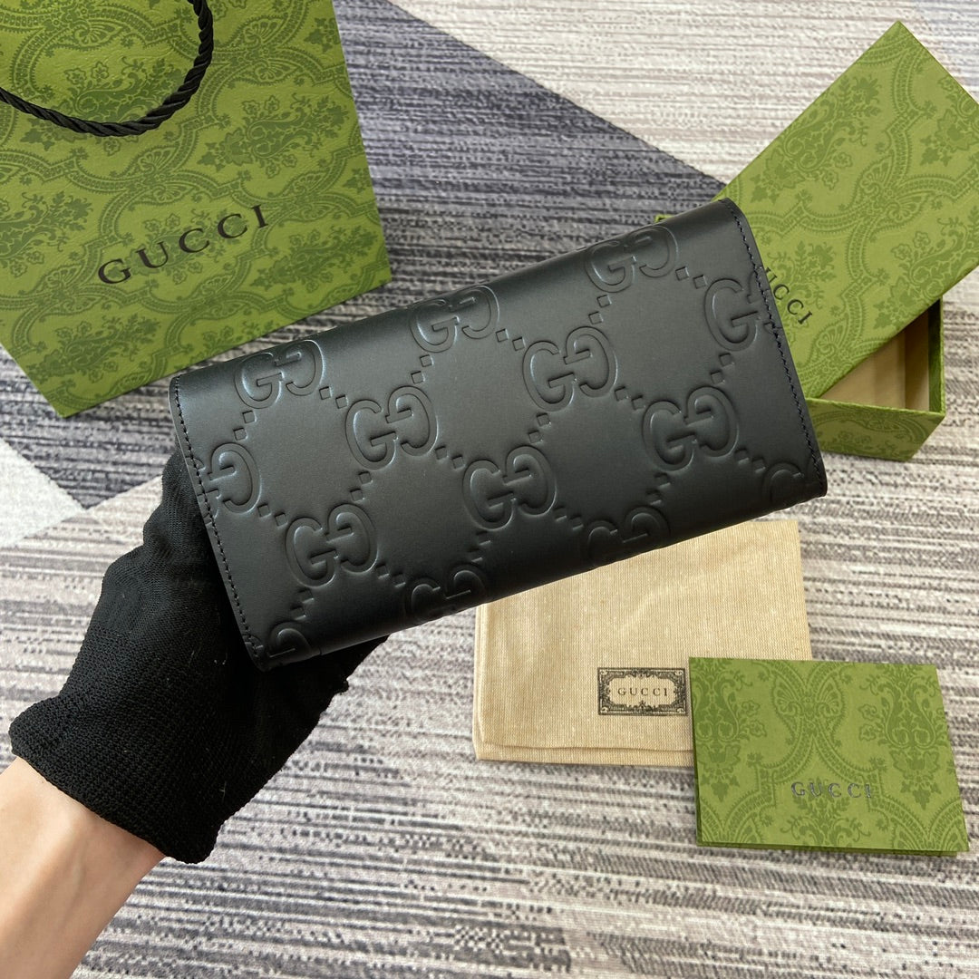 GUCCI CONTINENTAL WALLET 19 IN BLACK EMBOSSED CALFSKIN GOLD HARDWARE