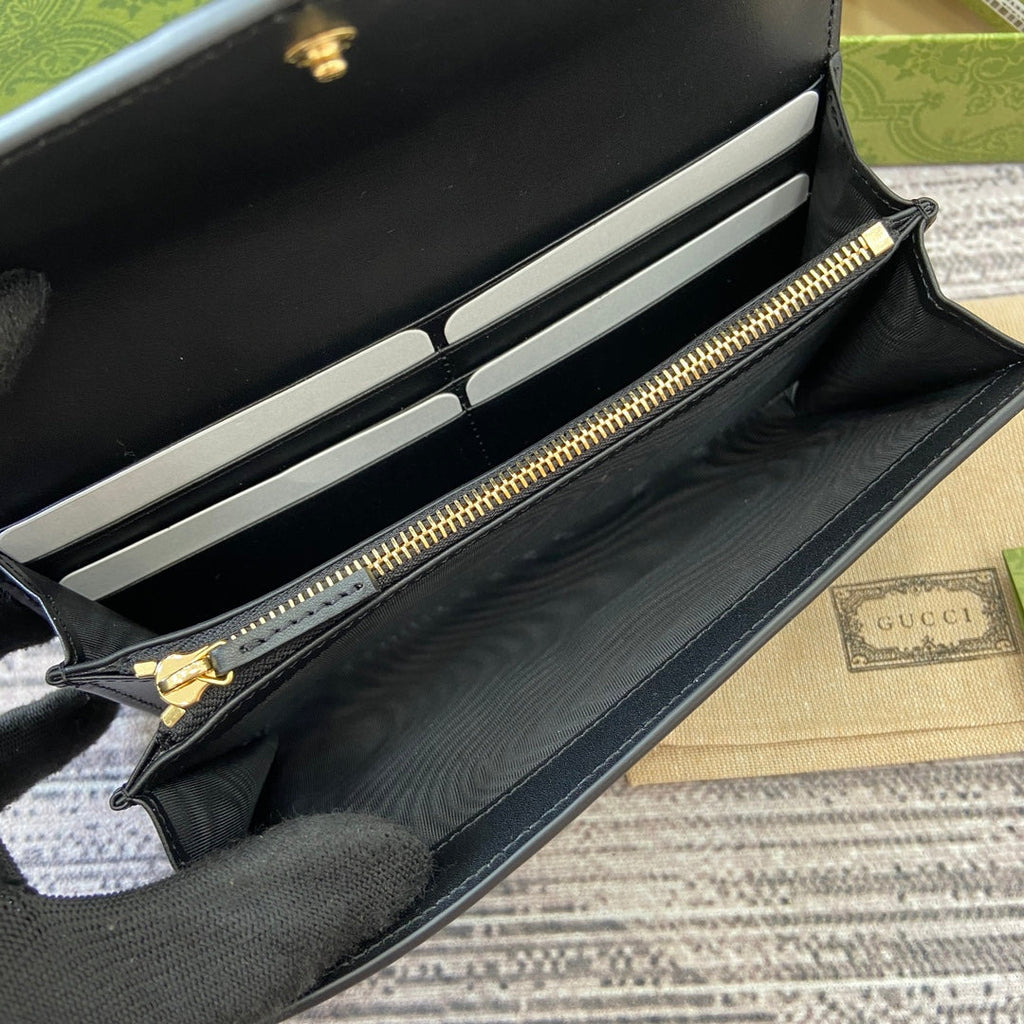 GUCCI CONTINENTAL WALLET 19 IN BLACK EMBOSSED CALFSKIN GOLD HARDWARE