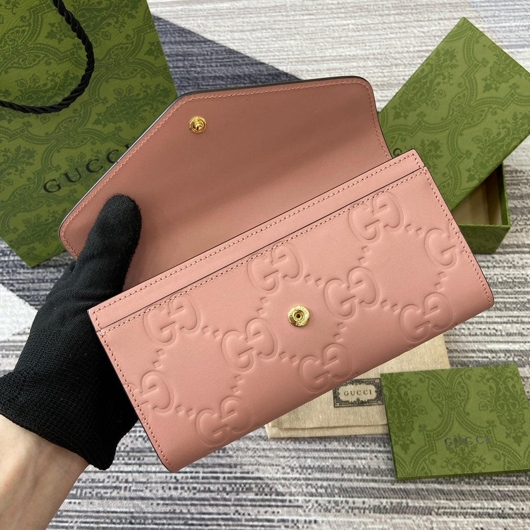GUCCI CONTINENTAL WALLET 19 IN PINK EMBOSSED CALFSKIN GOLD HARDWARE