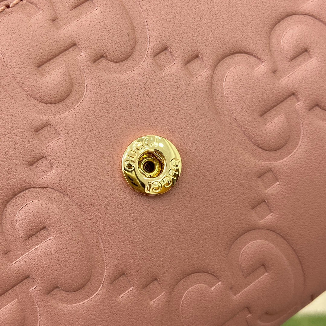GUCCI CONTINENTAL WALLET 19 IN PINK EMBOSSED CALFSKIN GOLD HARDWARE