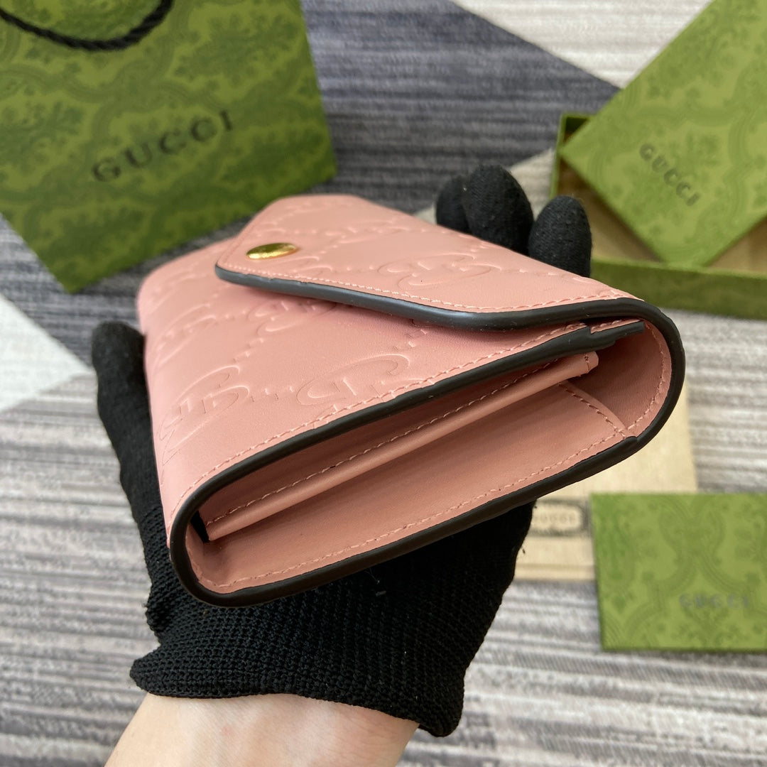 GUCCI CONTINENTAL WALLET 19 IN PINK EMBOSSED CALFSKIN GOLD HARDWARE