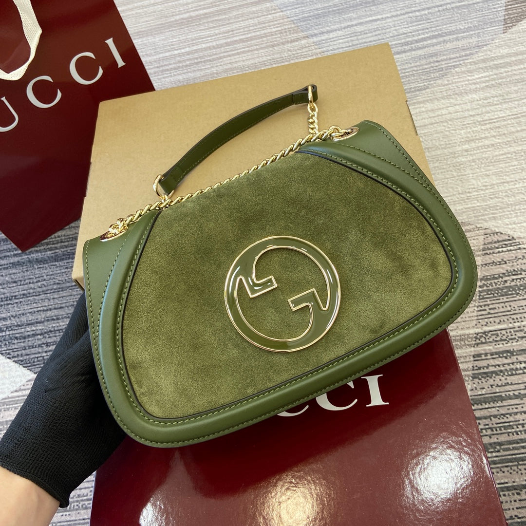 GUCCI BLONDIE SMALL SHOULDER BAG 26 IN JUNIPER GREEN CALFSKIN AND SUEDE GOLD HARDWARE