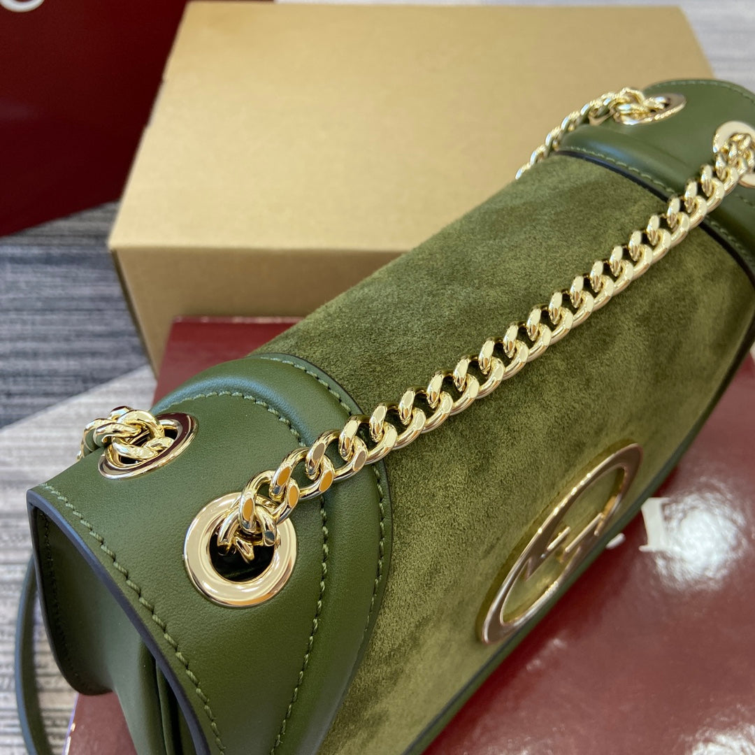 GUCCI BLONDIE SMALL SHOULDER BAG 26 IN JUNIPER GREEN CALFSKIN AND SUEDE GOLD HARDWARE