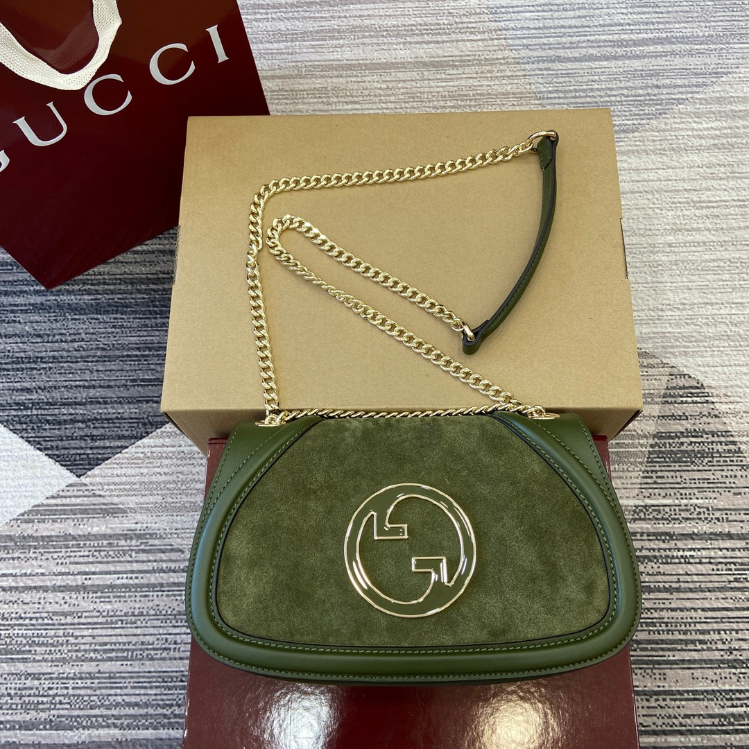 GUCCI BLONDIE SMALL SHOULDER BAG 26 IN JUNIPER GREEN CALFSKIN AND SUEDE GOLD HARDWARE