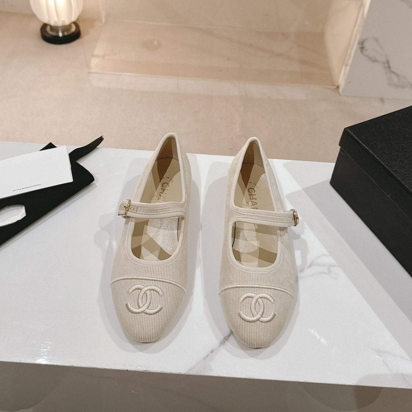 CHANEL mary jane flat light pink corduroy