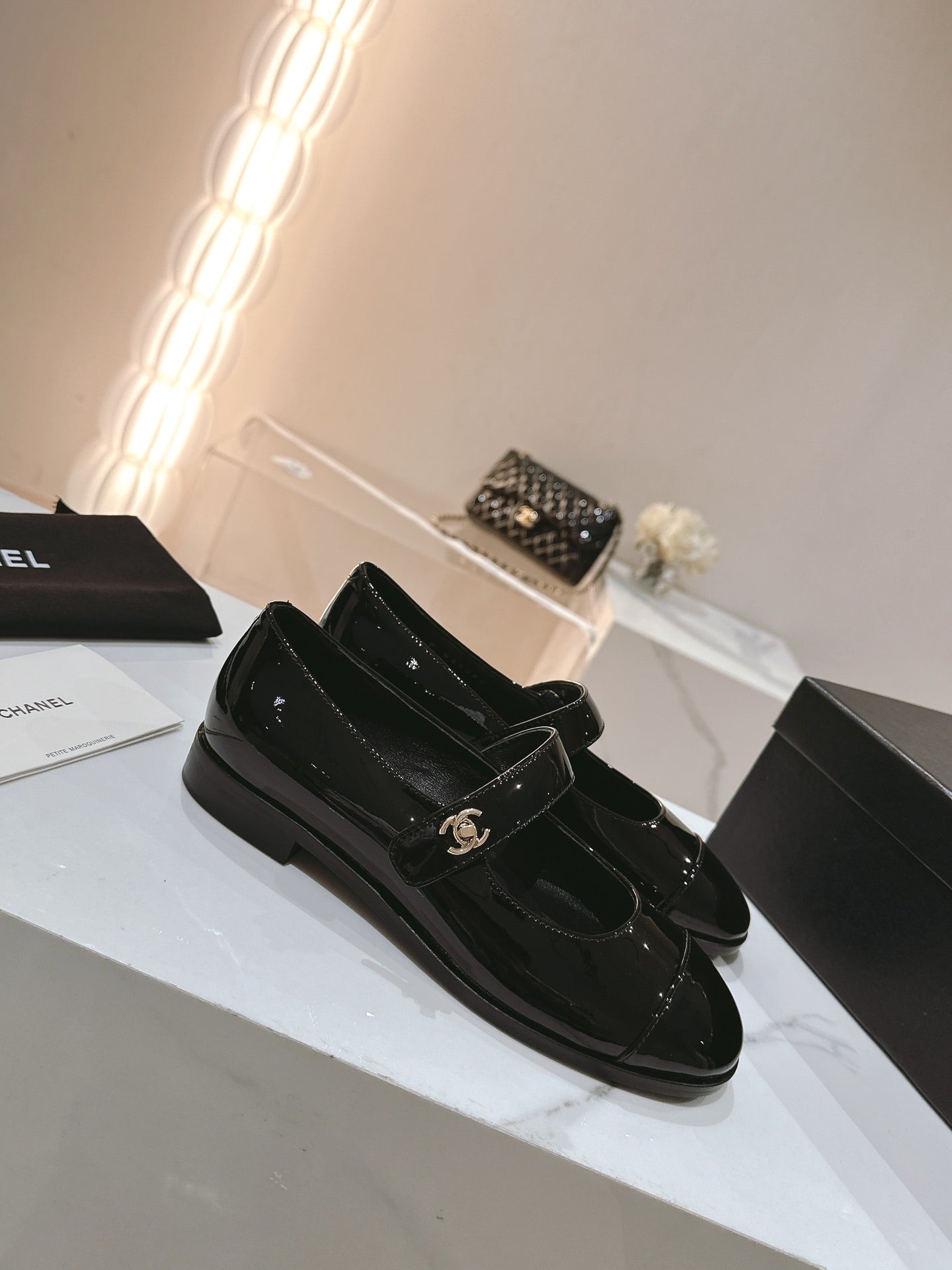 CHANEL mary jane flat black patent calfskin