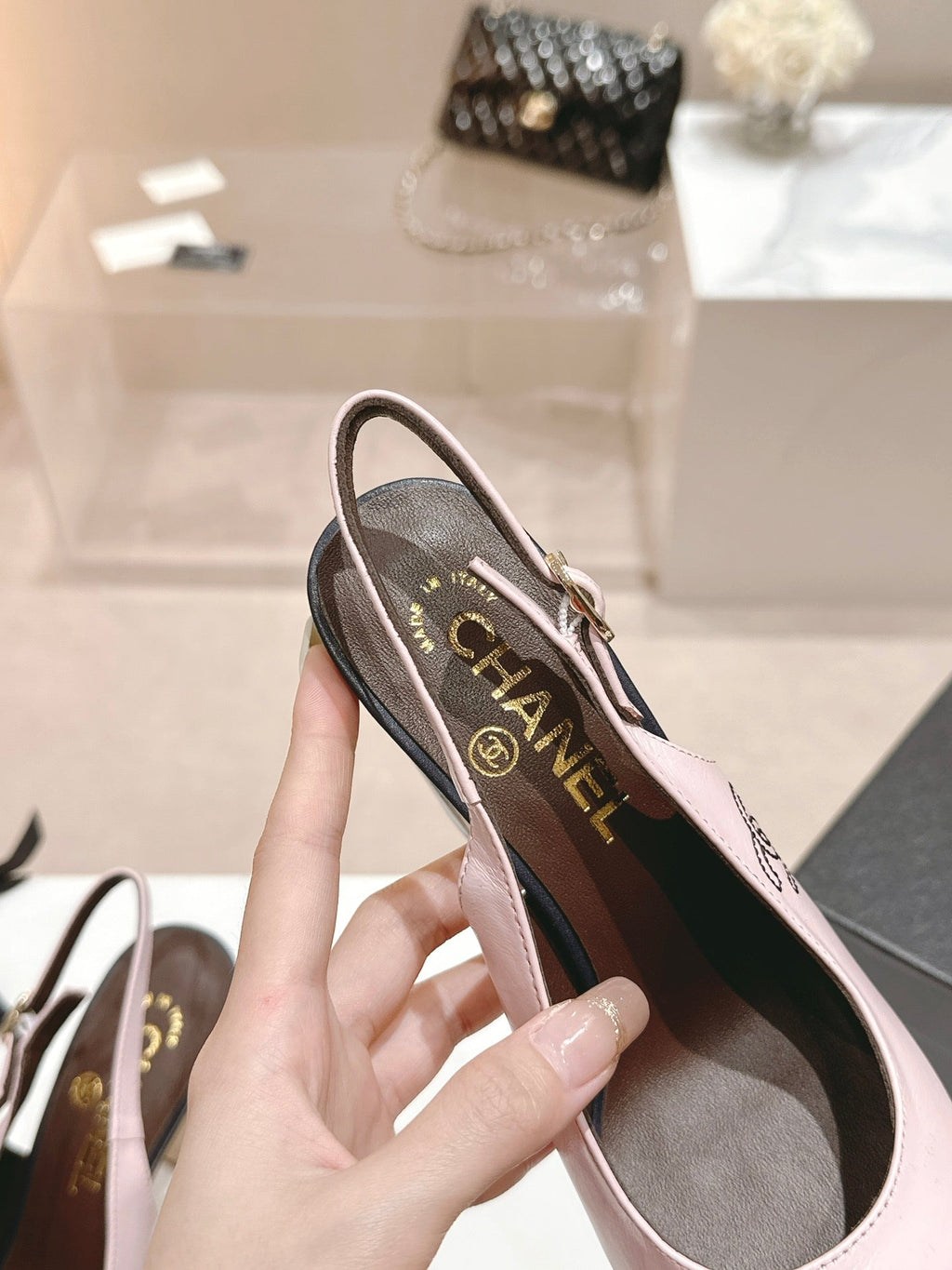 CHANEL HIGH SLINGBACKS LIGHT PINK MIX BLACK SHEEPSKIN