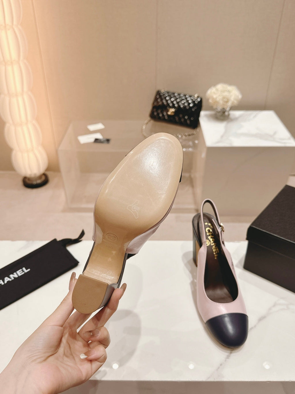CHANEL HIGH SLINGBACKS LIGHT PINK MIX BLACK SHEEPSKIN