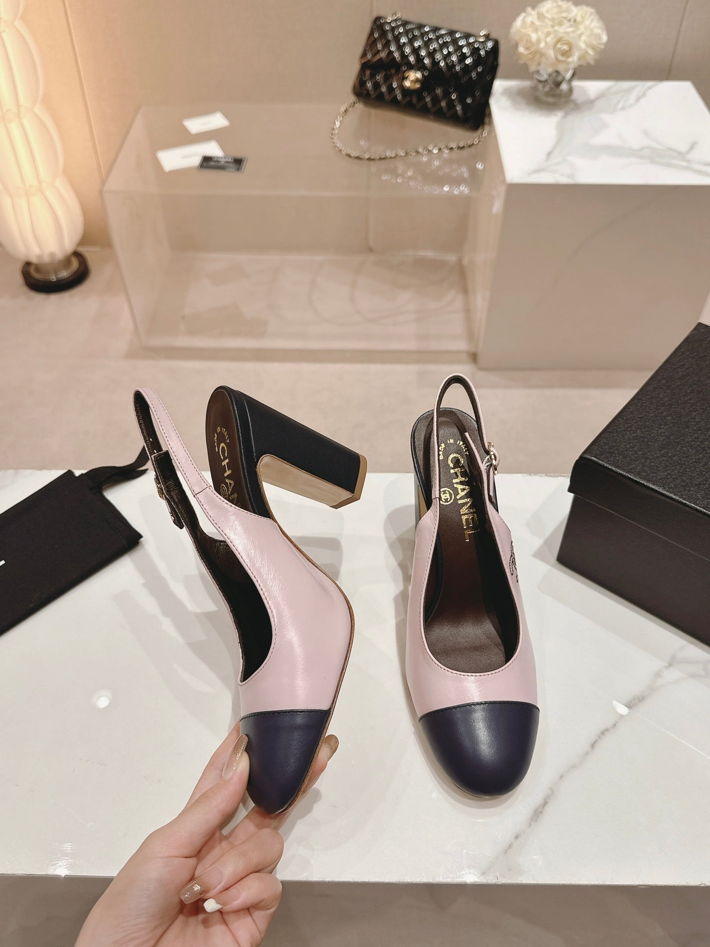 CHANEL HIGH SLINGBACKS LIGHT PINK MIX BLACK SHEEPSKIN