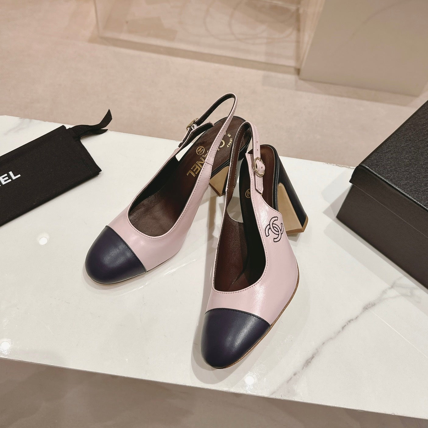 CHANEL HIGH SLINGBACKS LIGHT PINK MIX BLACK SHEEPSKIN