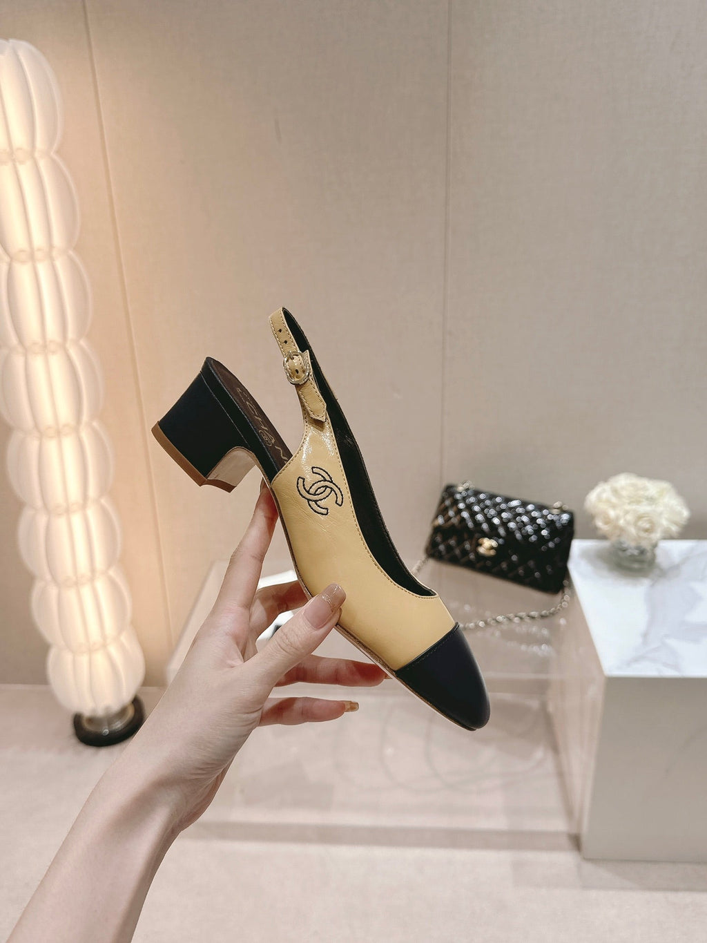 CHANEL SLINGBACKS PEANUT BROWN MIX BLACK SHEEPSKIN