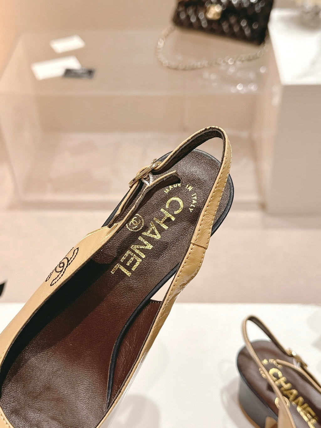 CHANEL SLINGBACKS PEANUT BROWN MIX BLACK SHEEPSKIN