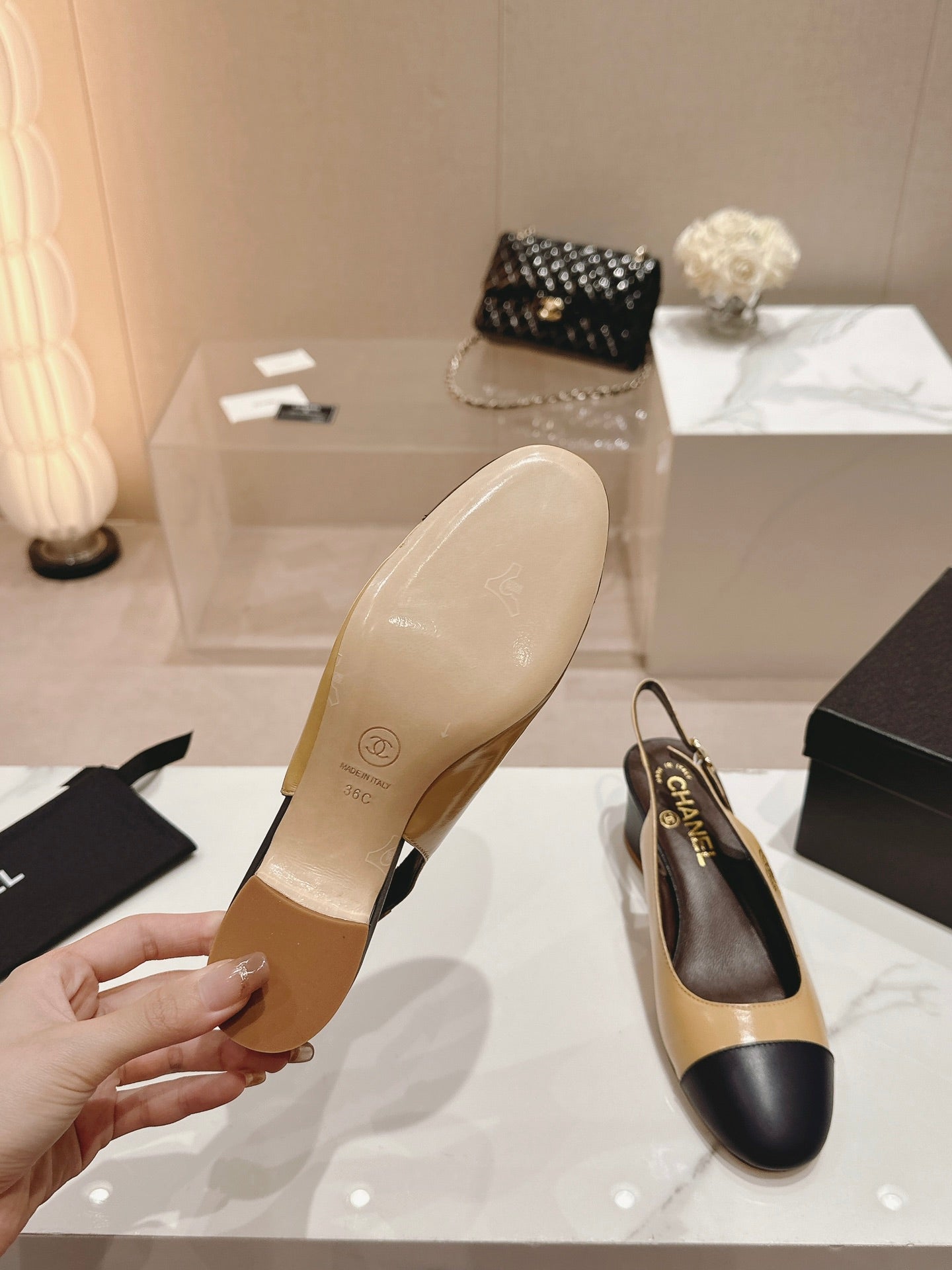 CHANEL SLINGBACKS PEANUT BROWN MIX BLACK SHEEPSKIN