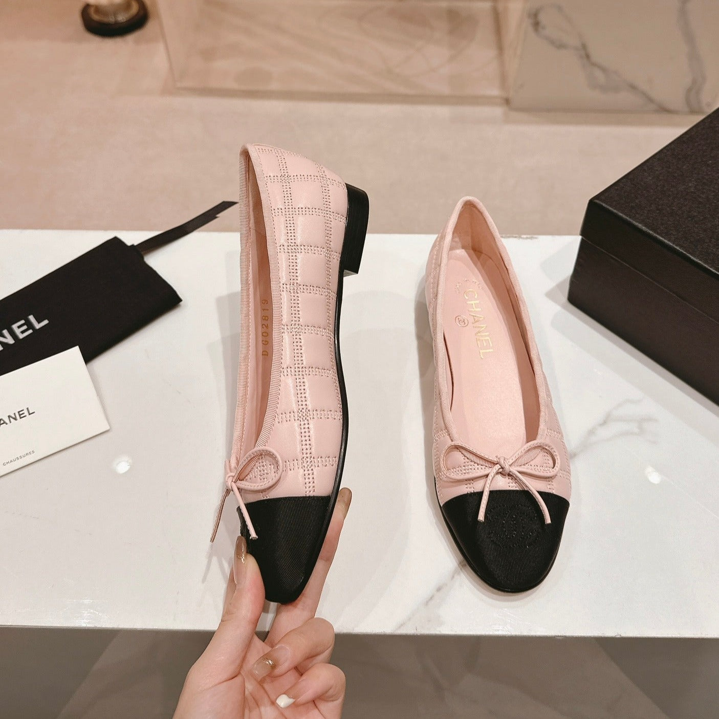 CHANEL Double C New Ballet Flats Light Pink Black Lambskin