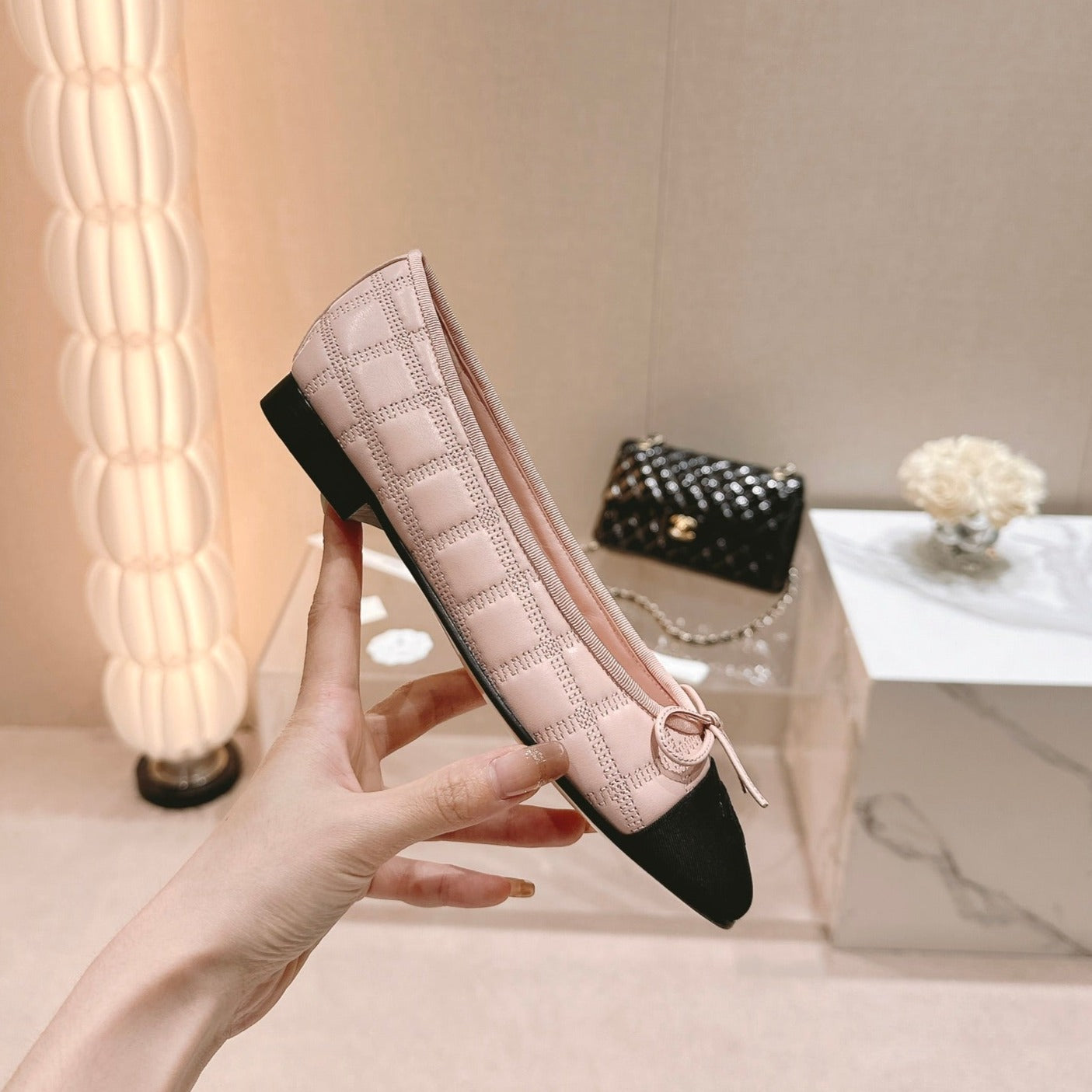 CHANEL Double C New Ballet Flats Light Pink Black Lambskin