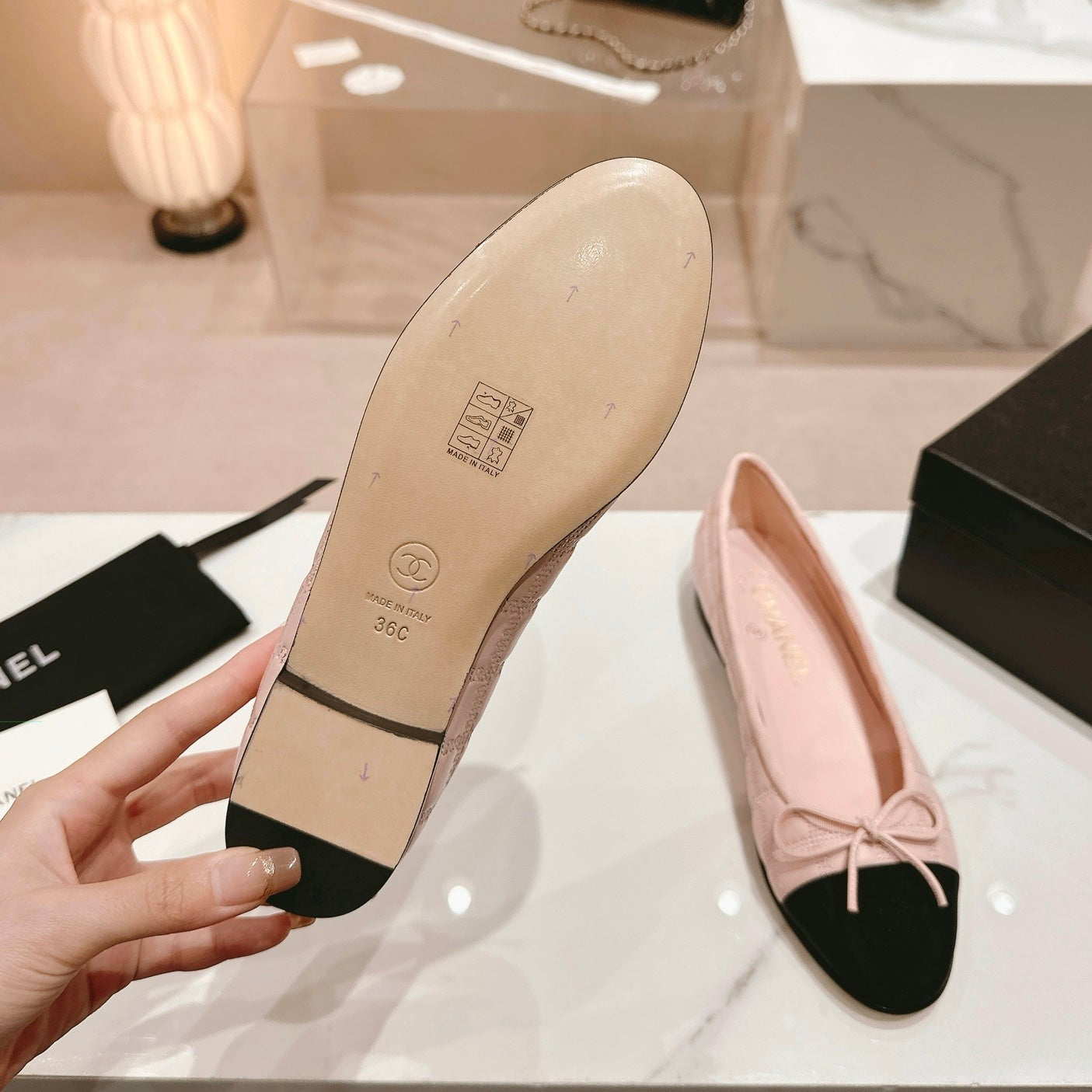 CHANEL Double C New Ballet Flats Light Pink Black Lambskin