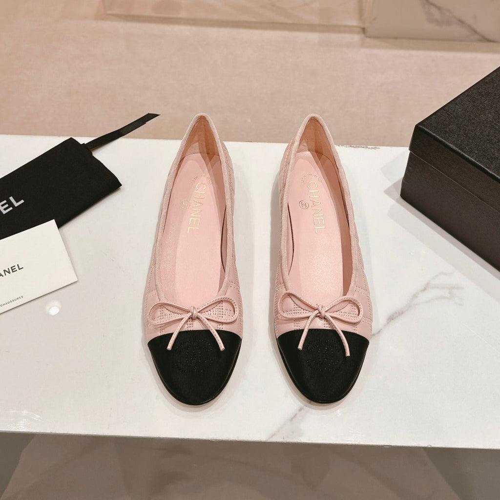 CHANEL Double C New Ballet Flats Light Pink Black Lambskin