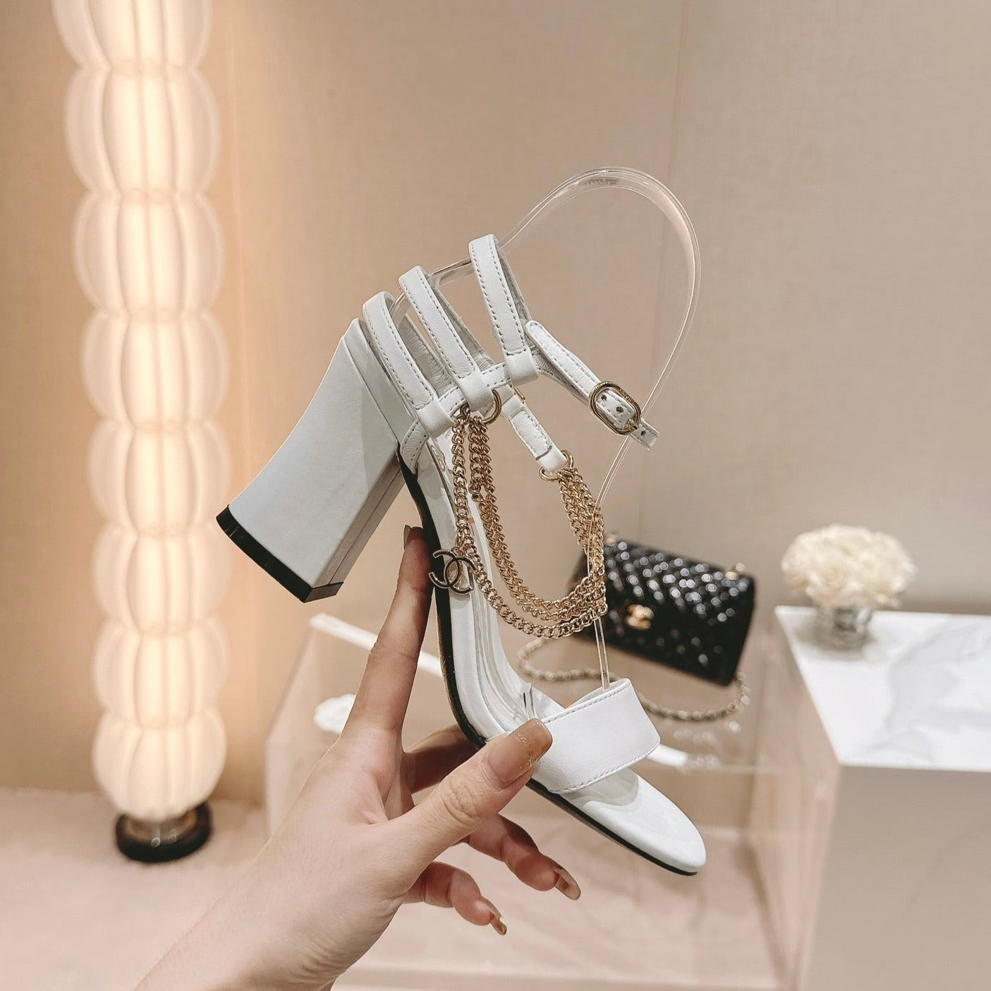 CHANEL Double C Leather High Heel Sandals White