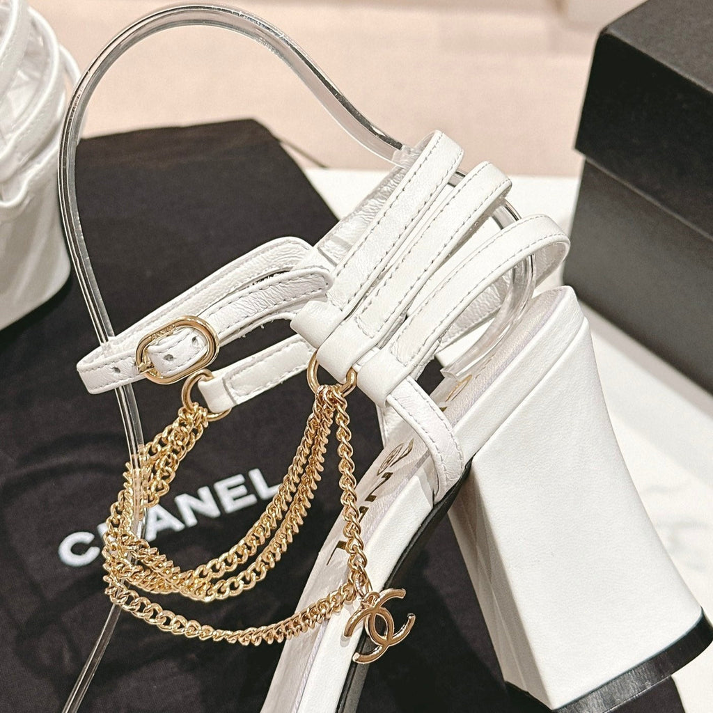 CHANEL Double C Leather High Heel Sandals White