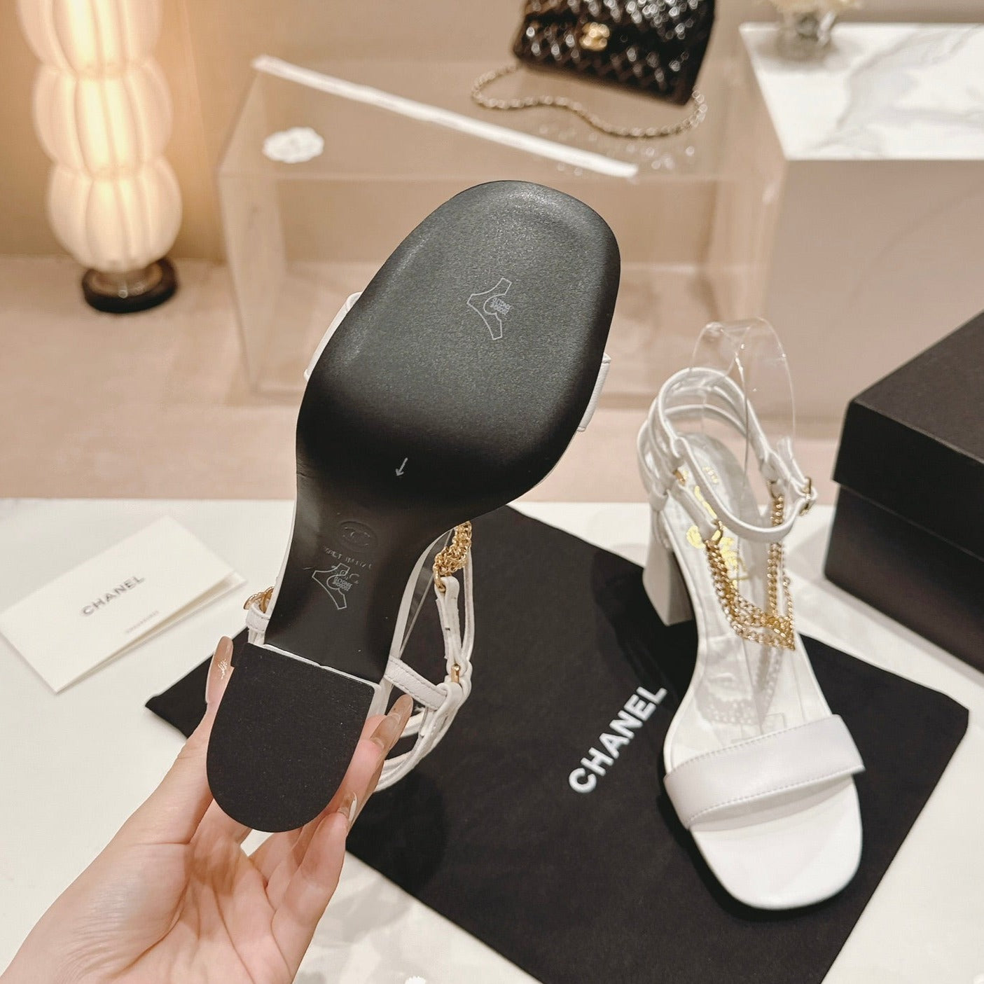 CHANEL Double C Leather High Heel Sandals White
