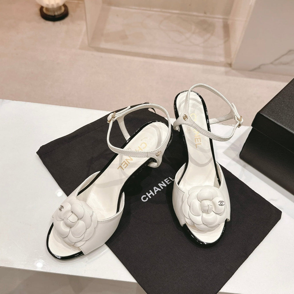 CHANEL Double C New Camellia High Heel Sandals White