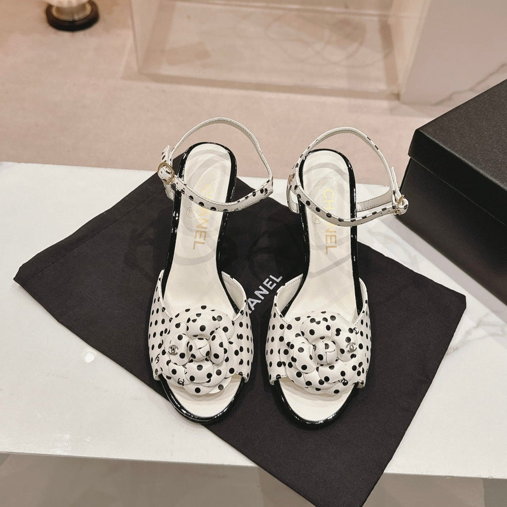 CHANEL Double C New Camellia High Heel Sandals White/ Black Caro